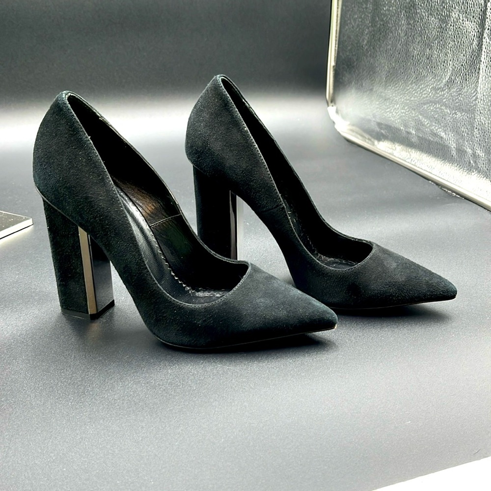 AllSaints Black Suede Pointed-Toe Block Heel Pumps